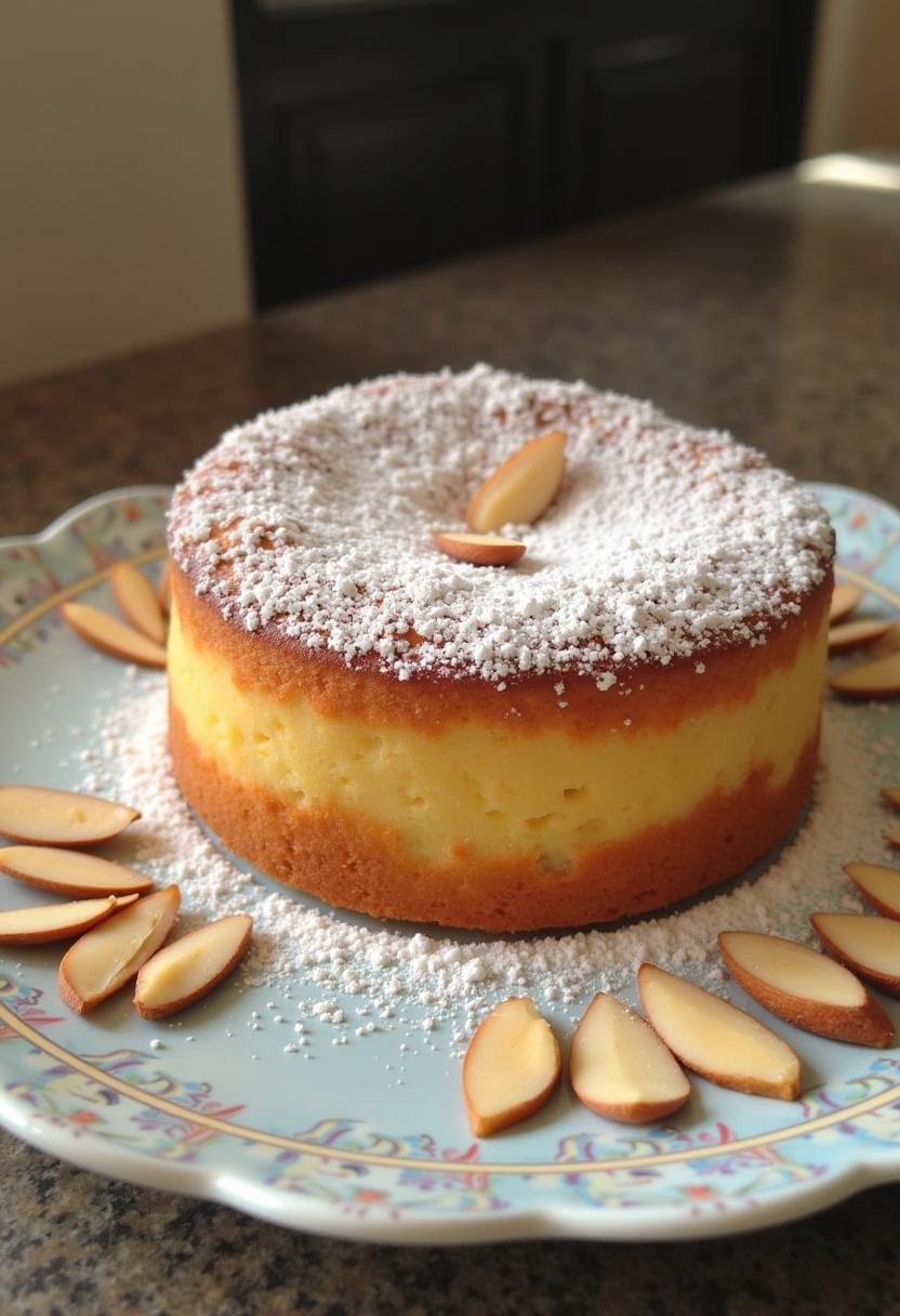 Bolo de Amêndoa Doce decorado com açúcar de confeiteiro e fatias de amêndoas.