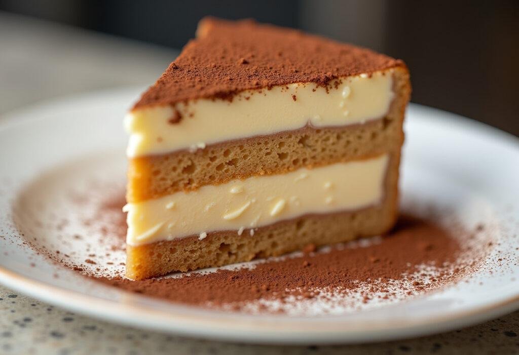 Bolo de bolacha tradicional pronto para servir, destacando suas camadas cremosas.