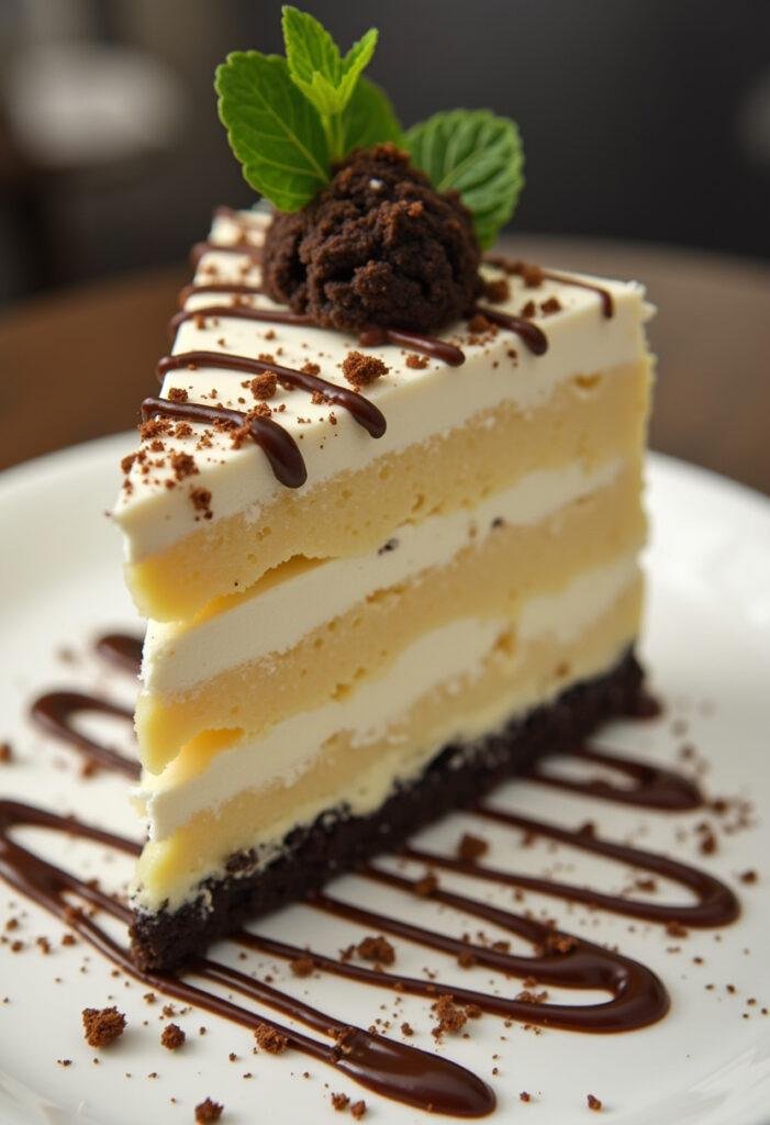 Fatia de Bolo de Bolacha Cremoso decorada com raspas de chocolate e folha de hortelã.