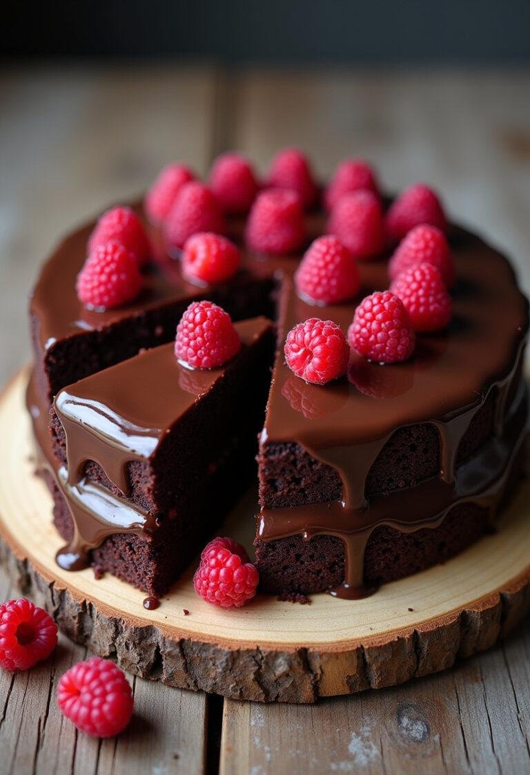 Bolo de Chocolate com Framboesas delicioso, pronto para servir com apresentação sofisticada.
