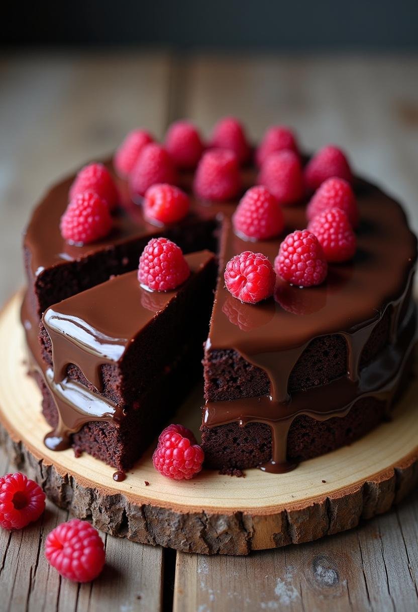 Bolo de Chocolate com Framboesas delicioso, pronto para servir com apresentação sofisticada.