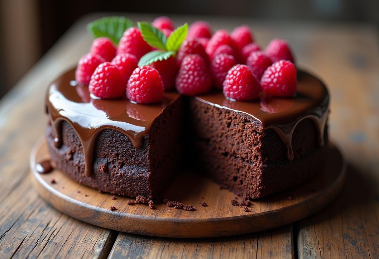 Bolo de Chocolate com Framboesas delicioso, pronto para servir com apresentação sofisticada.