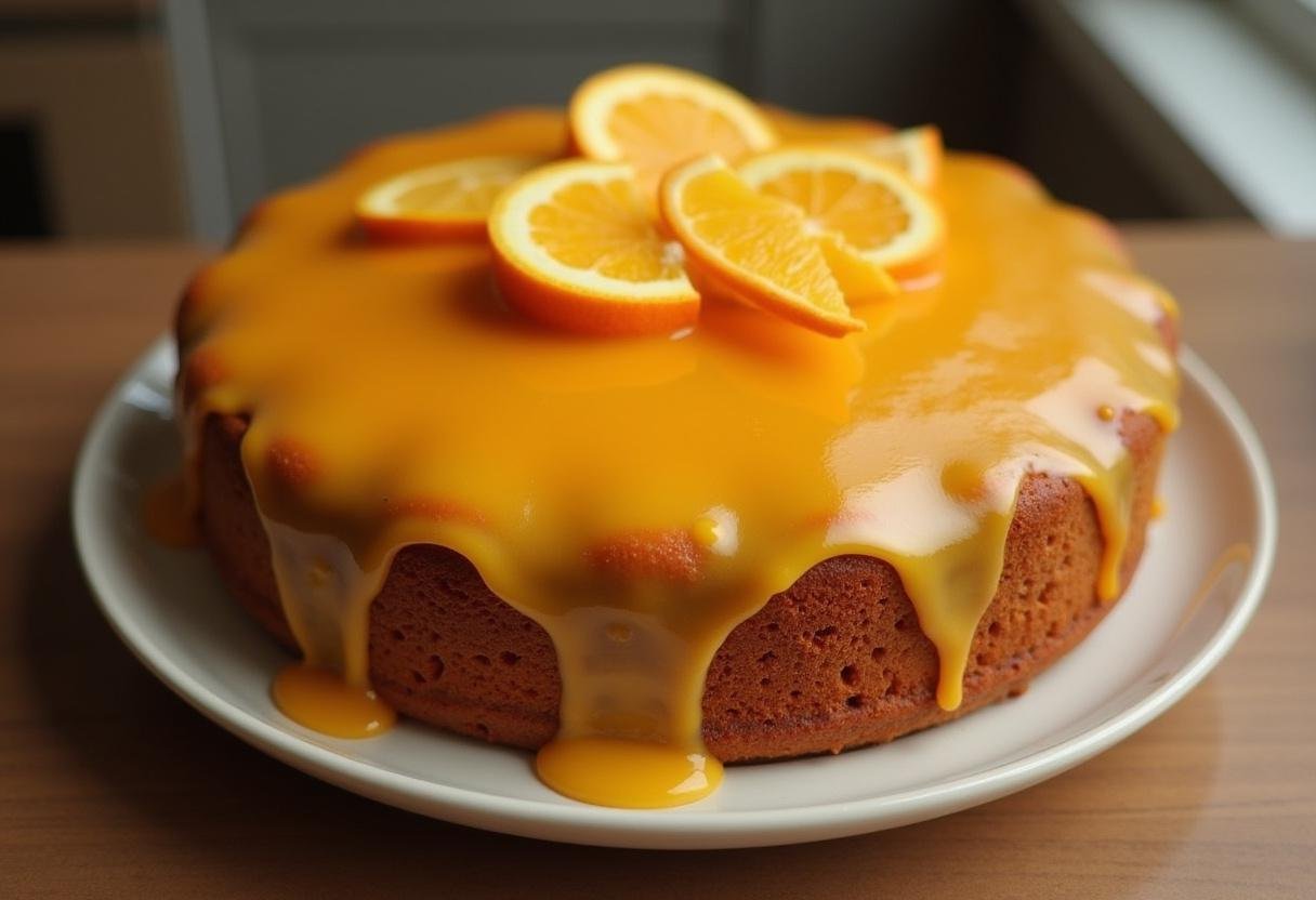 Bolo de Laranja Suculento decorado com cobertura brilhante e fatias de laranja.