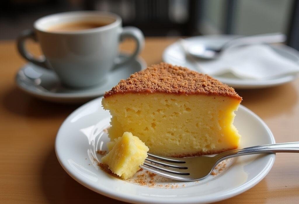 Delicioso bolo de abacaxi com farofa crocante, pronto para servir.