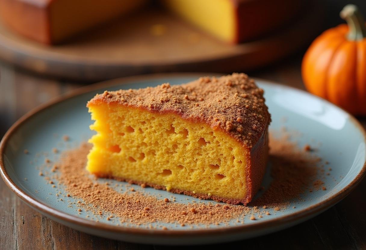 Fatia de bolo de abóbora com farofa crocante, decorada com canela, pronto para servir.