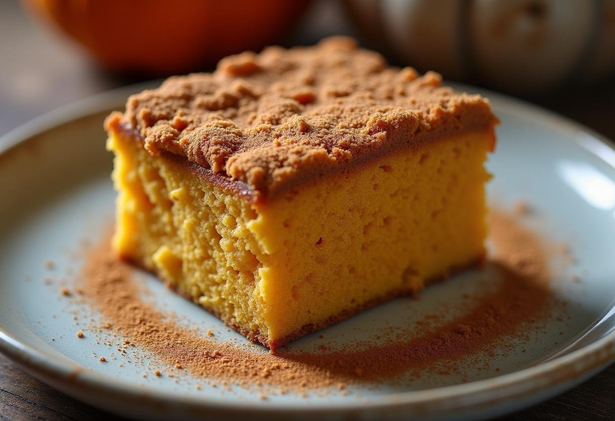 Fatia de bolo de abóbora com farofa crocante, decorada com canela, pronto para servir.