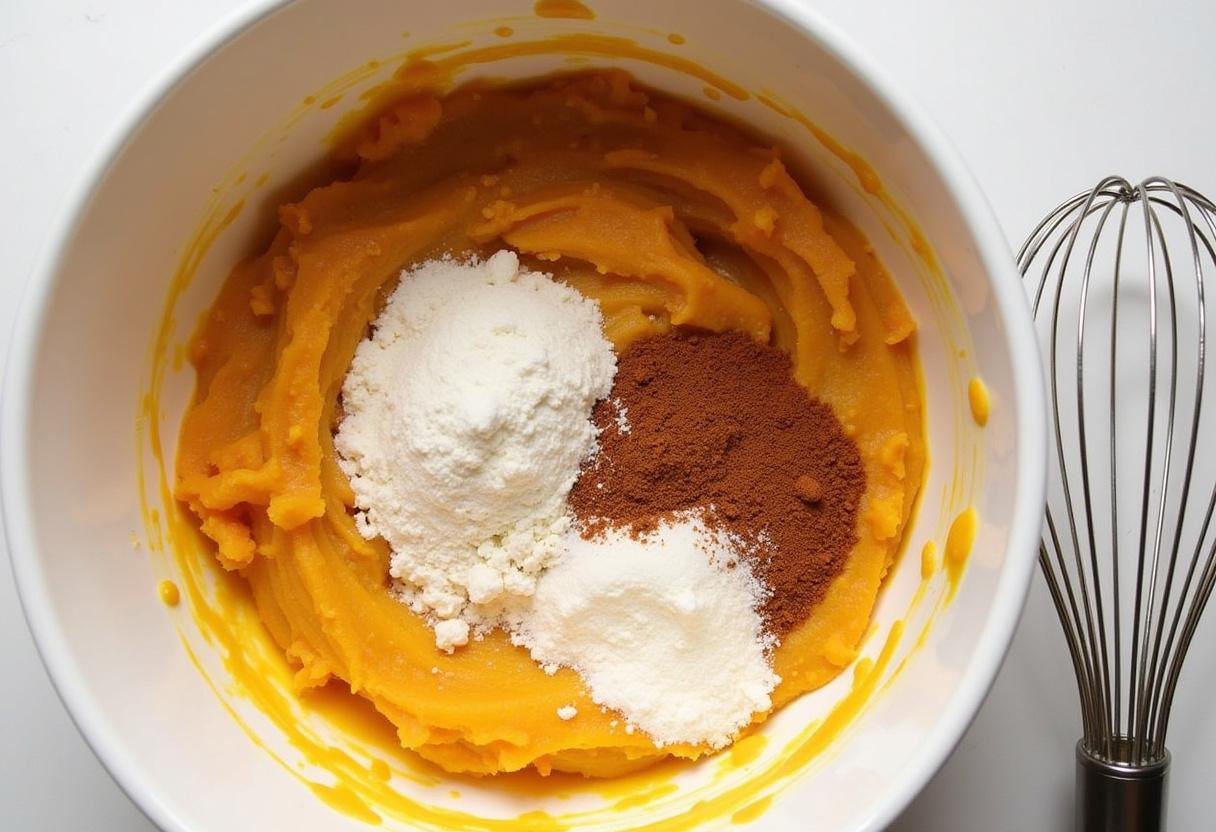 Mistura de farinha, açúcar e especiarias sendo adicionadas à abóbora para o bolo.