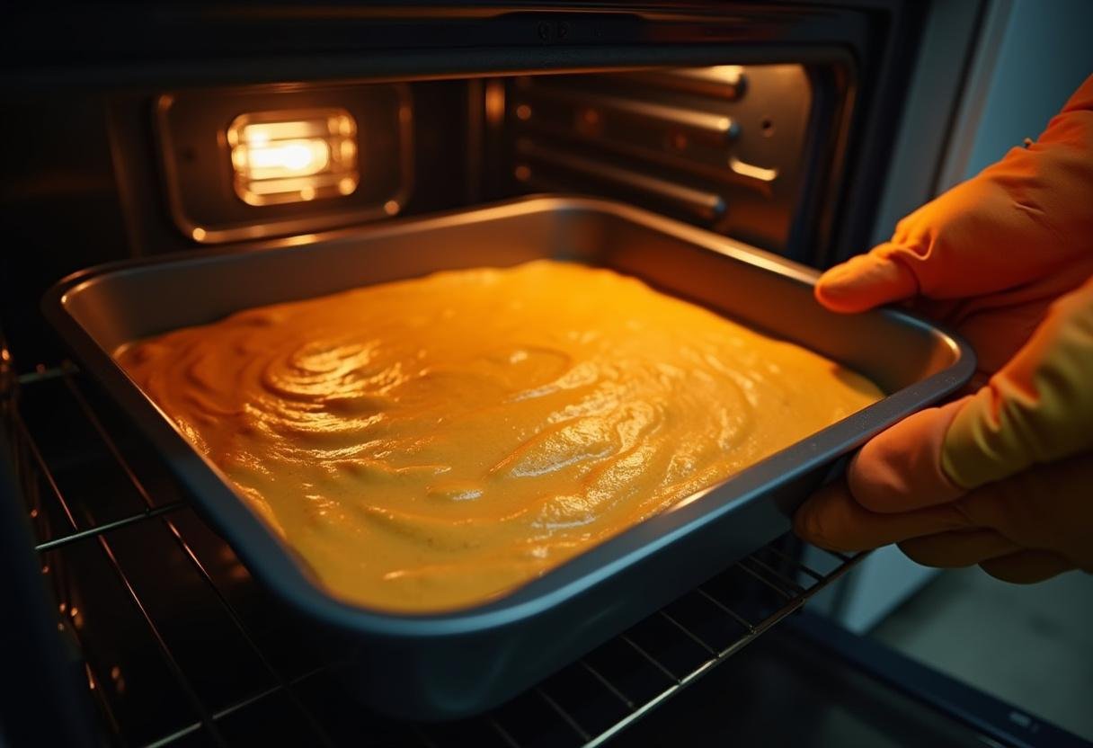 Forma com massa de bolo de abóbora sendo colocada no forno.