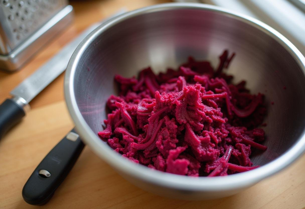 Beterrabas descascadas e raladas em uma tigela para fazer bolo de beterraba fácil.
