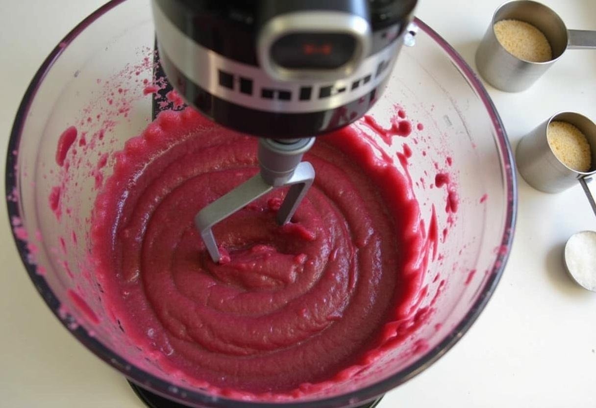 Mistura de beterraba ralada com açúcar e óleo sendo batida na batedeira para o bolo.