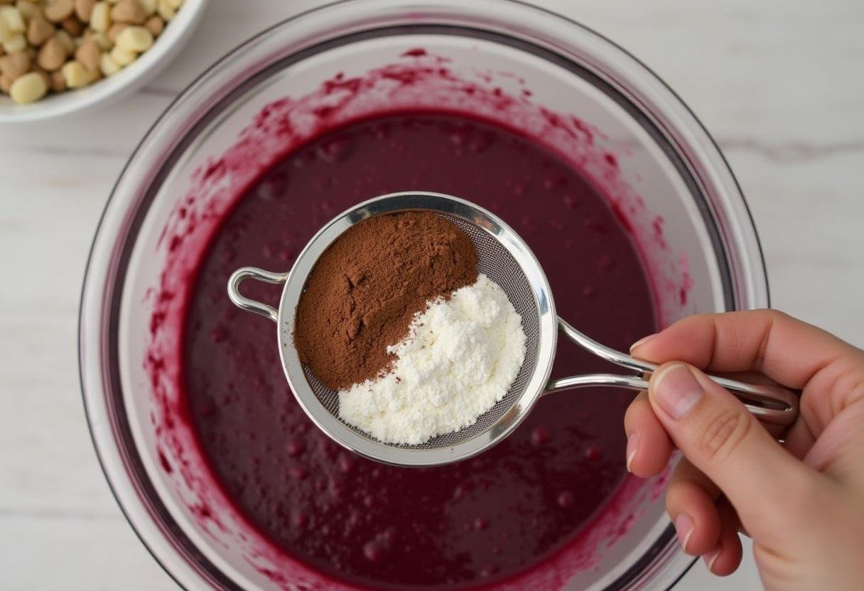 Farinha e cacau peneirados sendo adicionados à mistura de beterraba para o bolo.