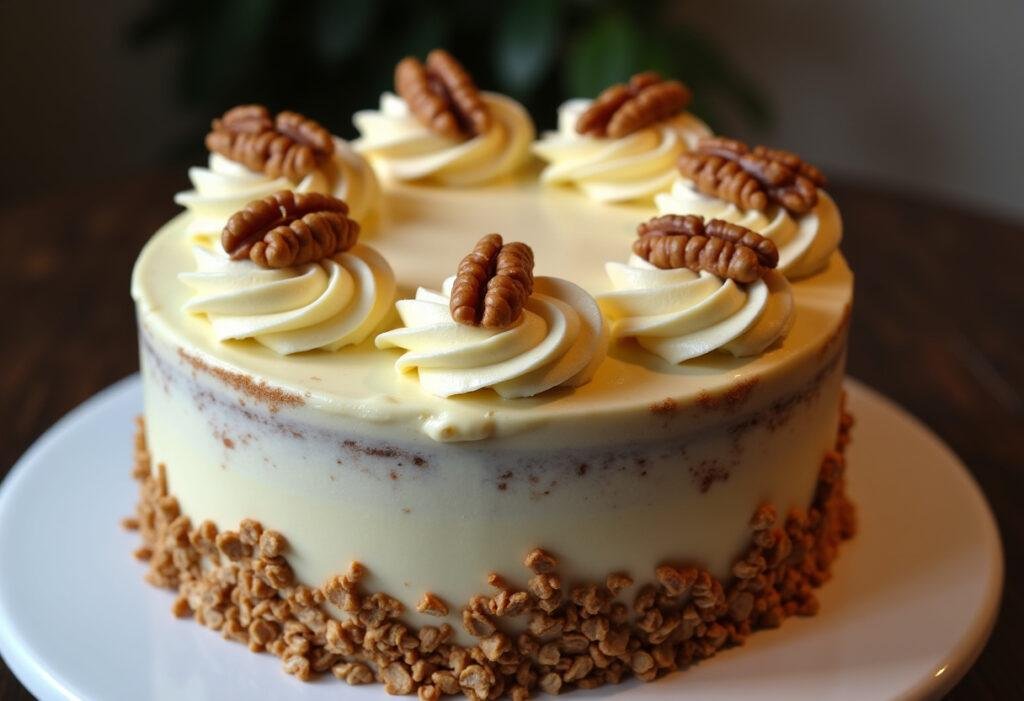 Bolo de cenoura com aveia e nozes finalizado e decorado, pronto para servir.