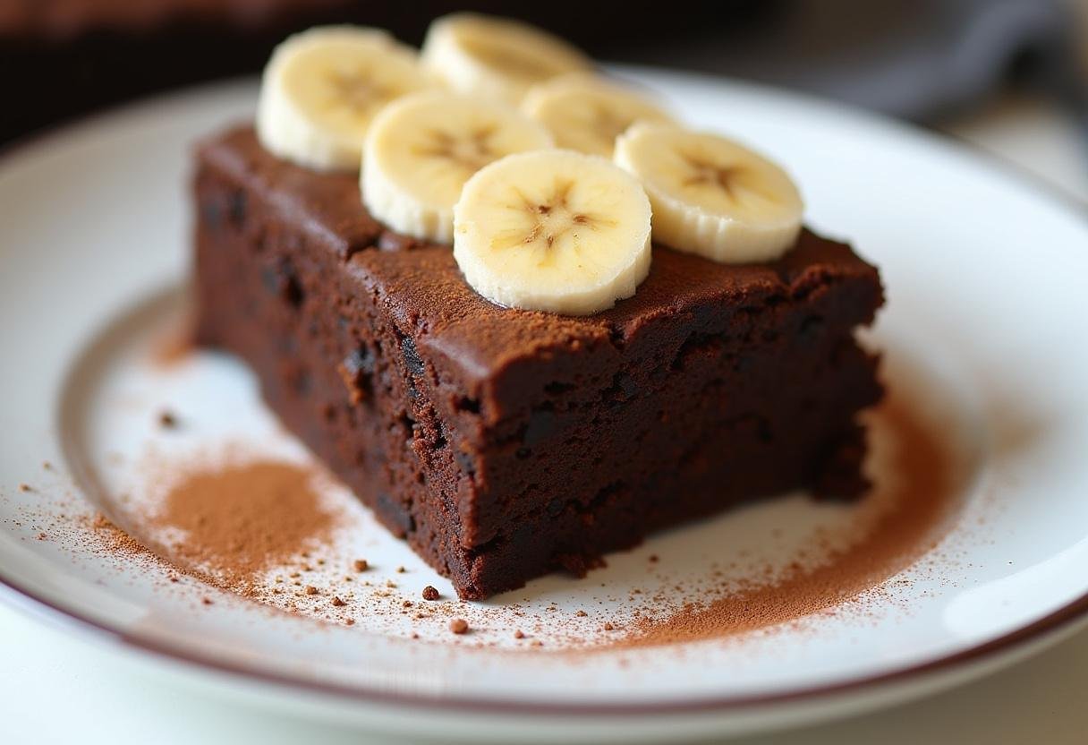 Fatias de bolo de chocolate com banana e aveia, decoradas com rodelas de banana e polvilhadas com cacau.