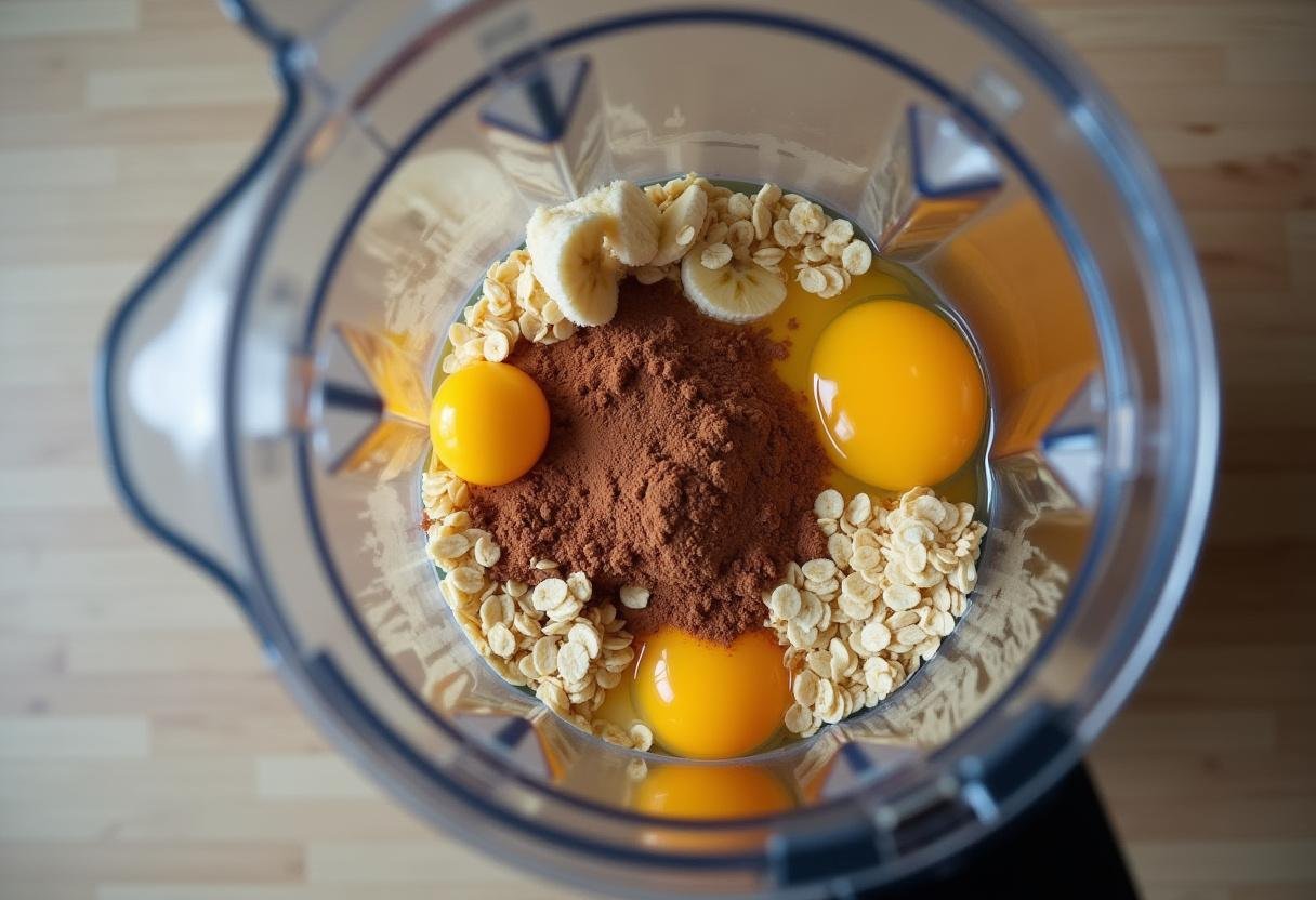 Ingredientes do bolo de chocolate com banana e aveia prontos para serem batidos no liquidificador.