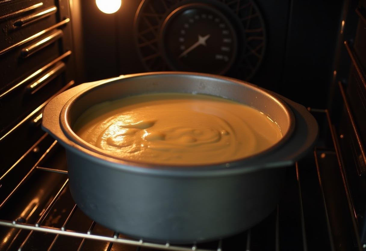 Forma de bolo de chocolate com banana e aveia sendo colocada no forno pré-aquecido.