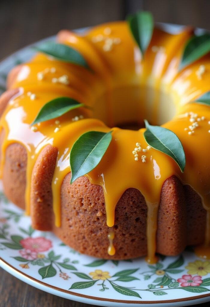 Bolo de laranja com louro finalizado, coberto com glase de laranja e decorado, ideal para servir.