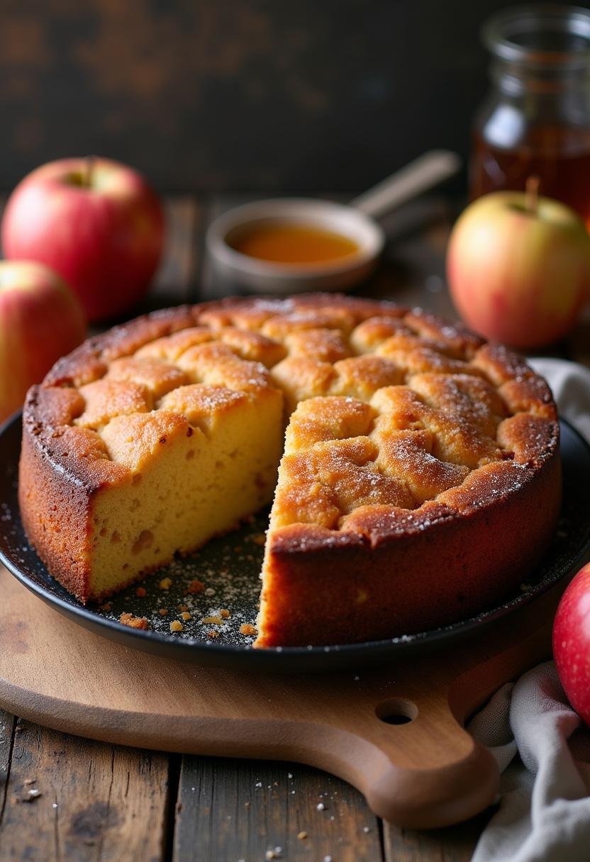 Bolo de maçã com farofa de coco e nozes, finalizado e servido em uma mesa rústica.