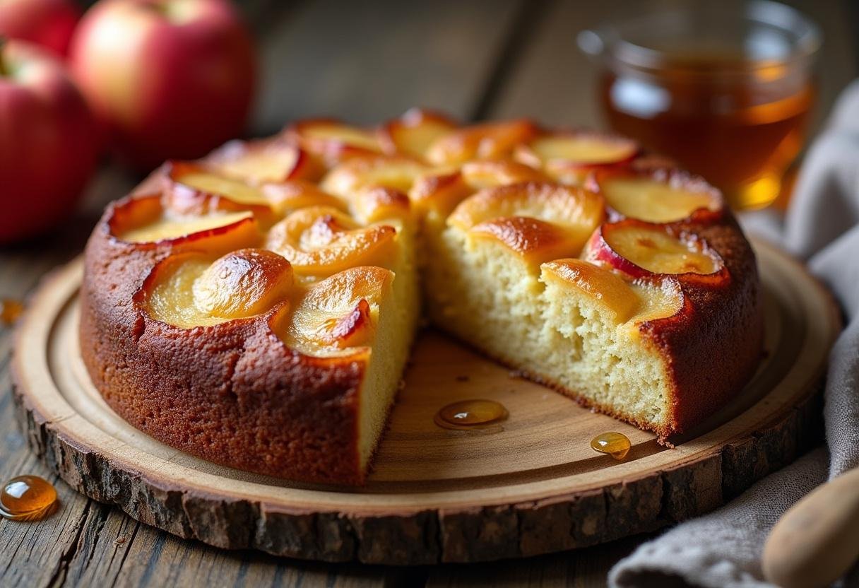 Bolo de maçã com farofa de coco e nozes, finalizado e servido em uma mesa rústica.
