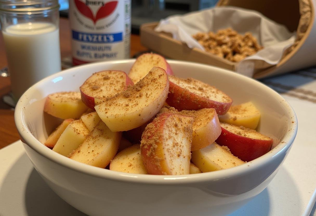 Maçãs fatiadas cobertas com açúcar e canela, preparadas para o Bolo de maçã com farofa de coco e nozes.