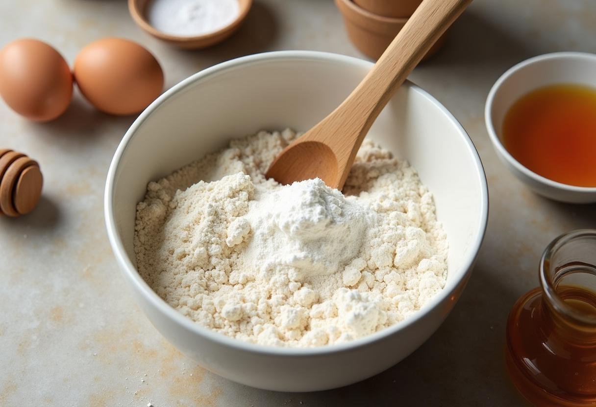 Mistura de farinha e fermento em uma tigela para o Bolo de maçã com farofa de coco e nozes.