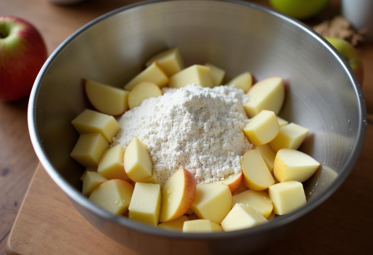 Ingredientes para bolo de maçã com farofa de coco e nozes preparados em uma tigela.
