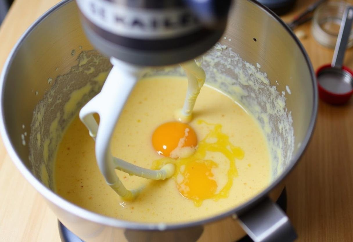 Massa de bolo de maçã sendo misturada na batedeira com ovos e manteiga derretida.