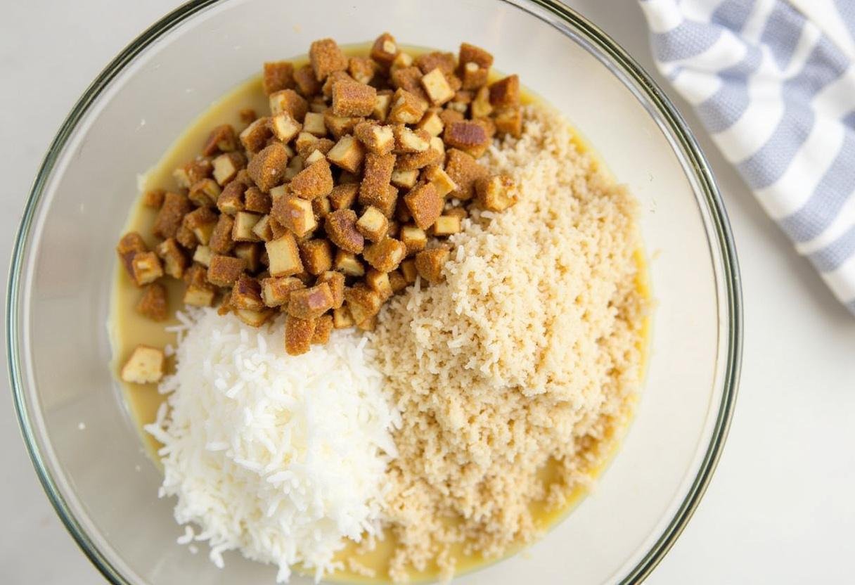 Farofa de coco e nozes preparada para cobrir o bolo de maçã.