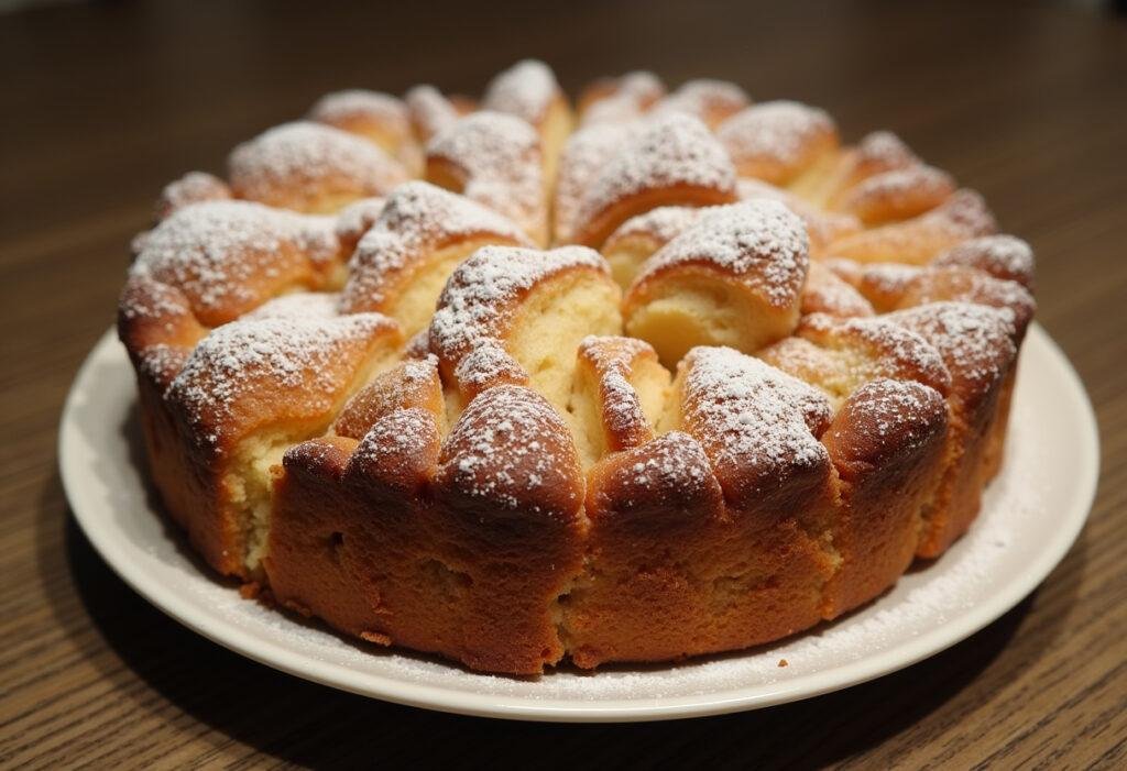 Bolo de maçã e nozes assado, fofo e com casquinha crocante, pronto para servir.