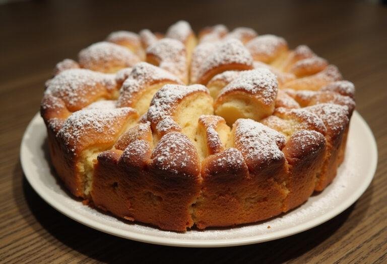 Bolo de maçã e nozes assado, fofo e com casquinha crocante, pronto para servir.