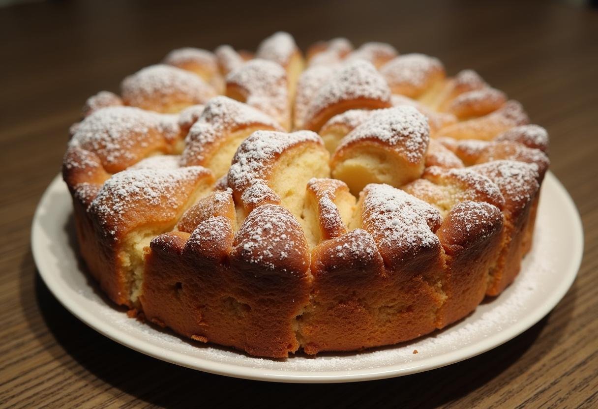 Bolo de maçã e nozes assado, fofo e com casquinha crocante, pronto para servir.