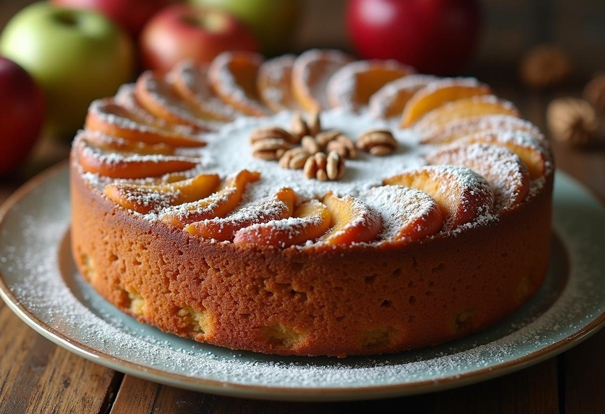 Bolo de maçã e nozes assado, fofo e com casquinha crocante, pronto para servir.