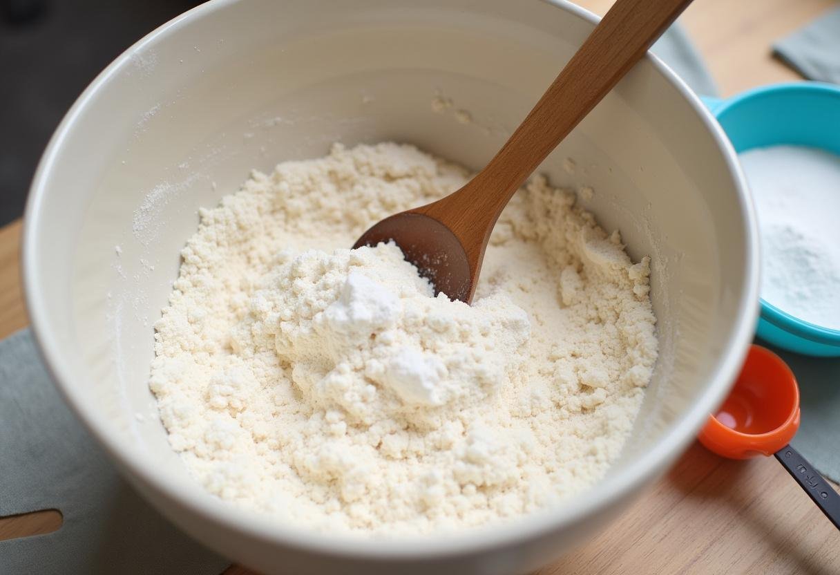 Ingredientes secos sendo misturados em uma tigela para o bolo de maçã e nozes.