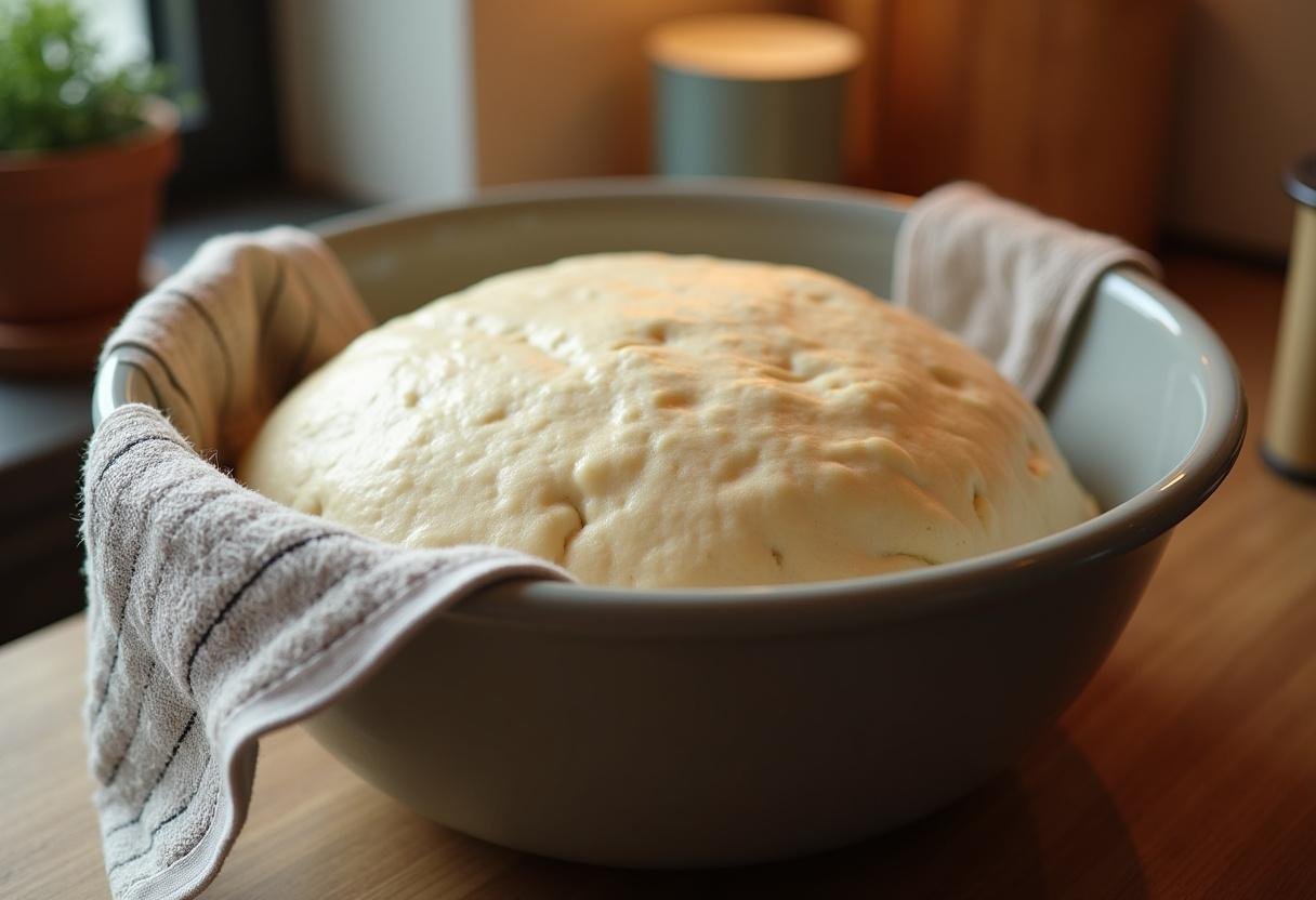 Massa de Brioche de iogurte descansando e crescendo na bancada da cozinha.