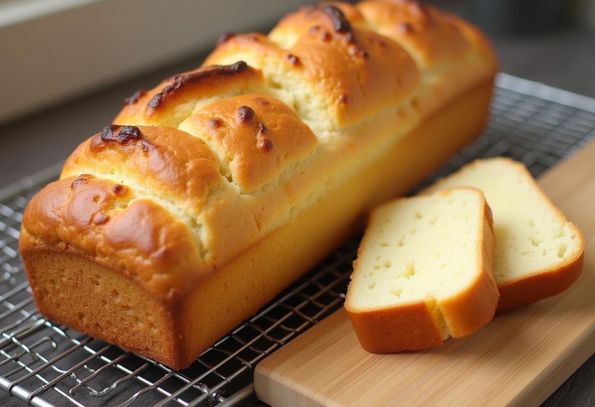 Brioche de iogurte fatiado, mostrando sua textura fofa e cor dourada, perfeito para servir.