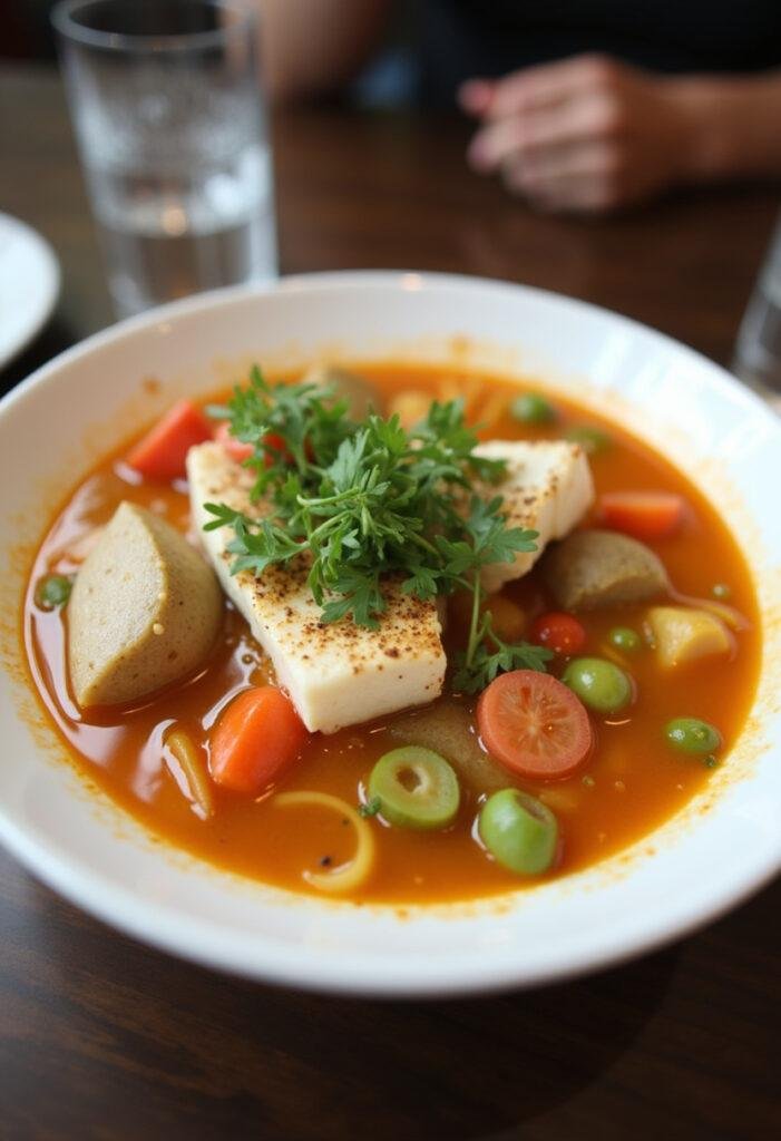 Caldeirada de peixe rica, um prato saboroso com peixe e vegetais, ideal para uma refeição especial.