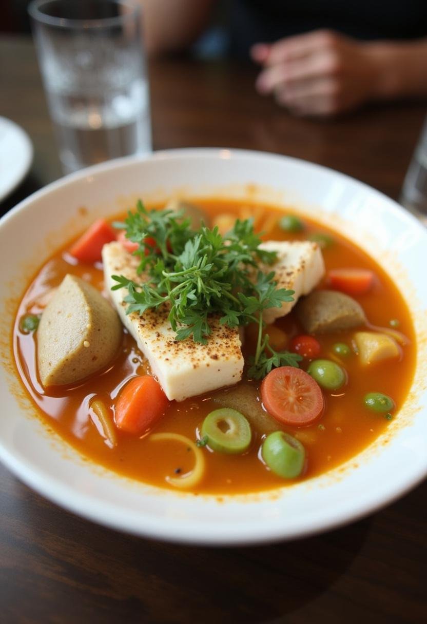 Caldeirada de peixe rica, um prato saboroso com peixe e vegetais, ideal para uma refeição especial.