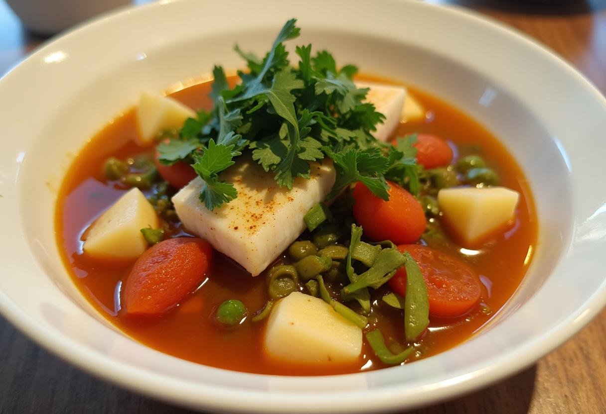 Caldeirada de peixe rica, um prato saboroso com peixe e vegetais, ideal para uma refeição especial.