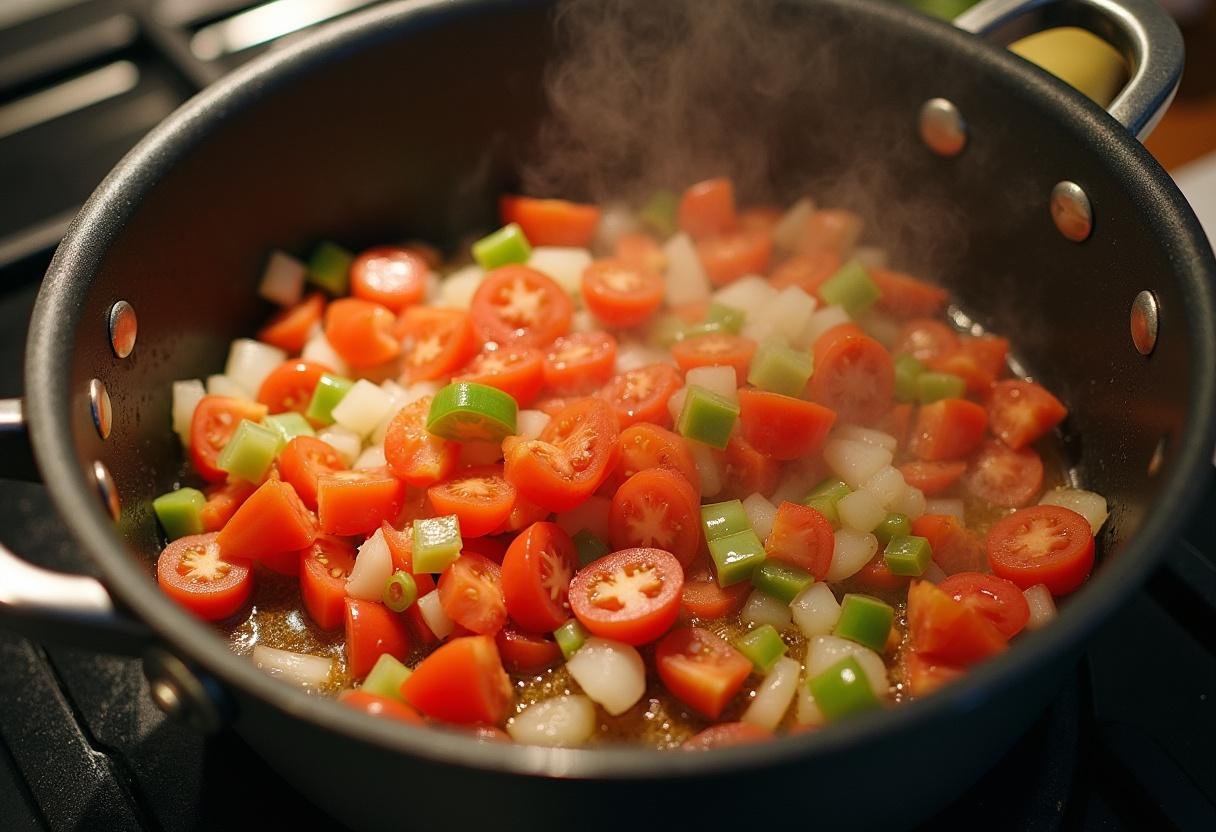 Cebolas, pimentões e tomates sendo refogados para a caldeirada de peixe rica.