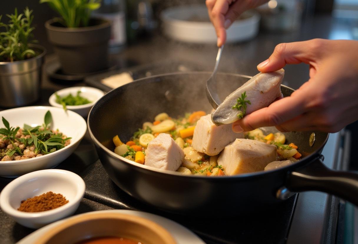 Peixes frescos adicionados à caldeirada rica com vegetais e temperos.