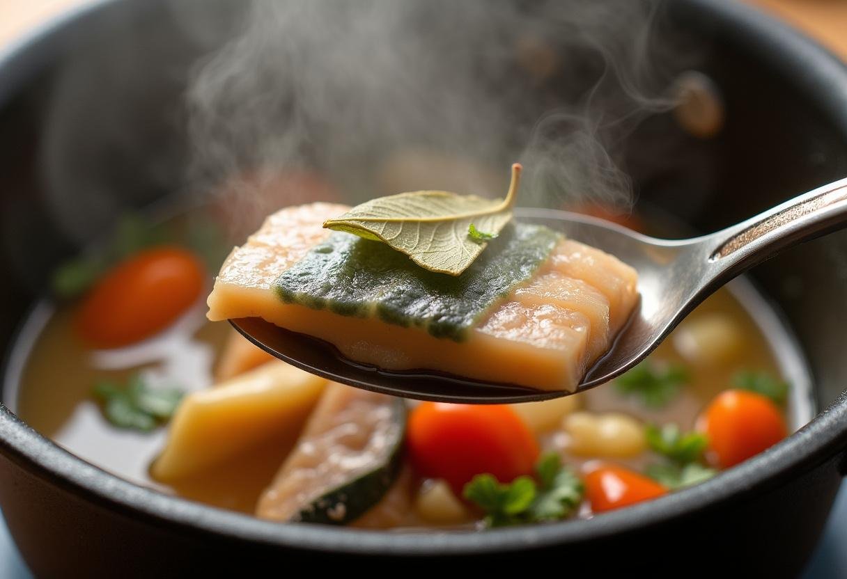 Mistura da caldeirada de peixe rica sendo mexida em uma panela, liberando aromas deliciosos.