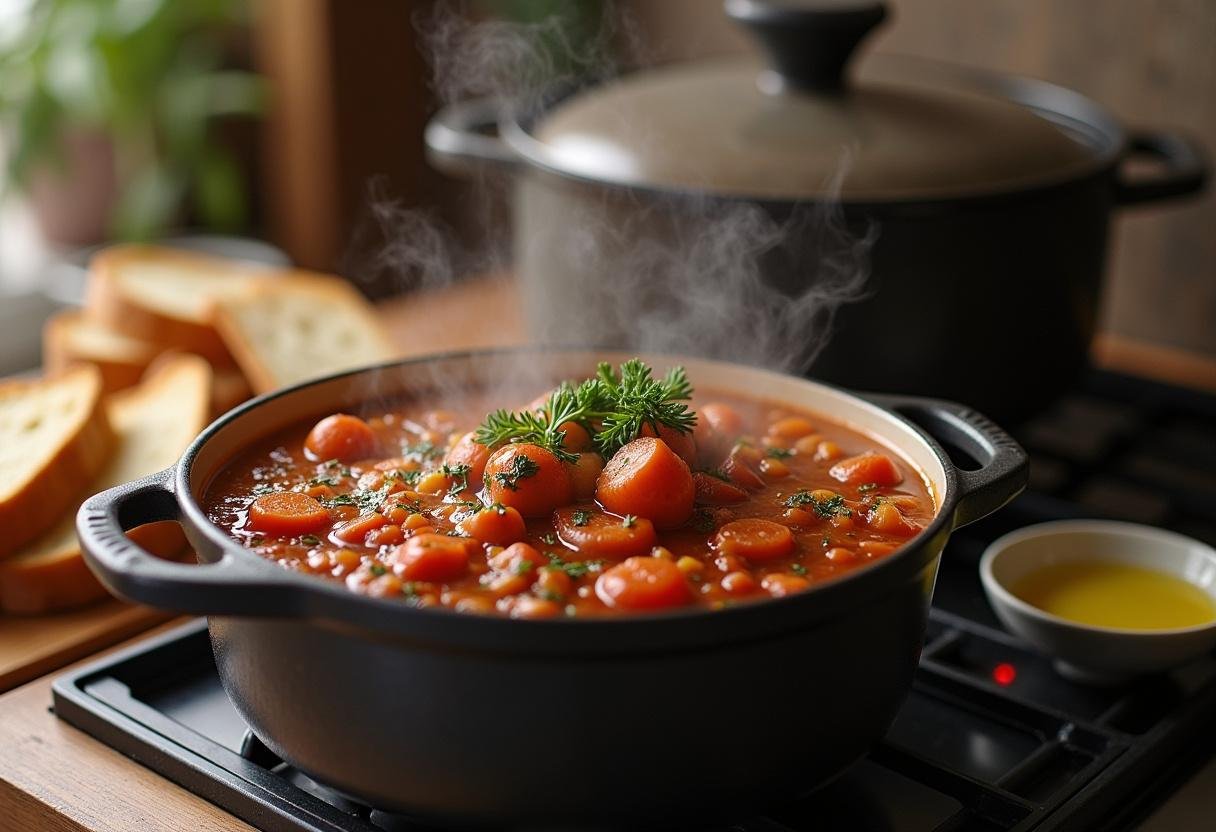 Panela de caldeirada de peixe rica cozinhando no fogão, pronta para servir com pão e azeite.