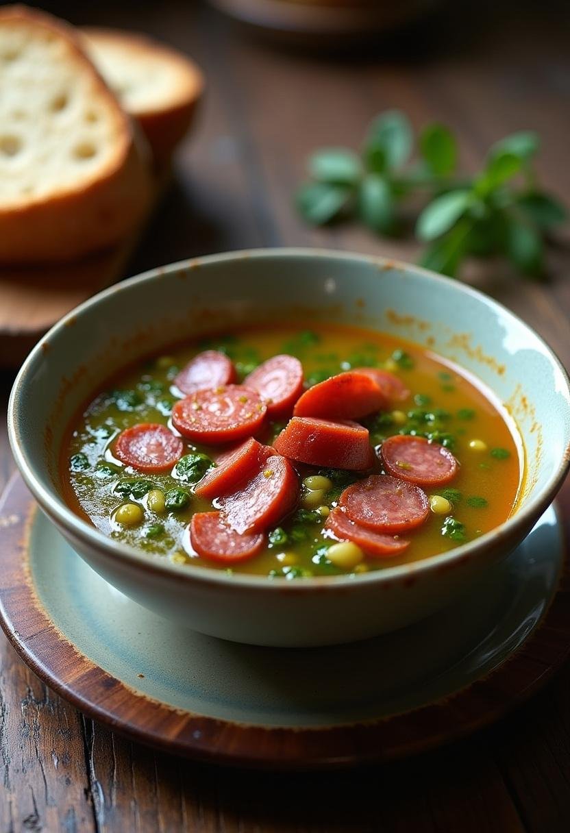 Caldo Verde servido em uma tigela com chouriço e azeite, perfeito para um jantar reconfortante.