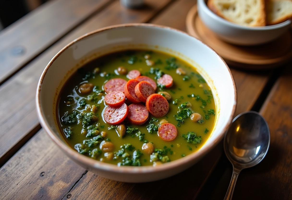Caldo Verde servido em uma tigela com chouriço e azeite, perfeito para um jantar reconfortante.
