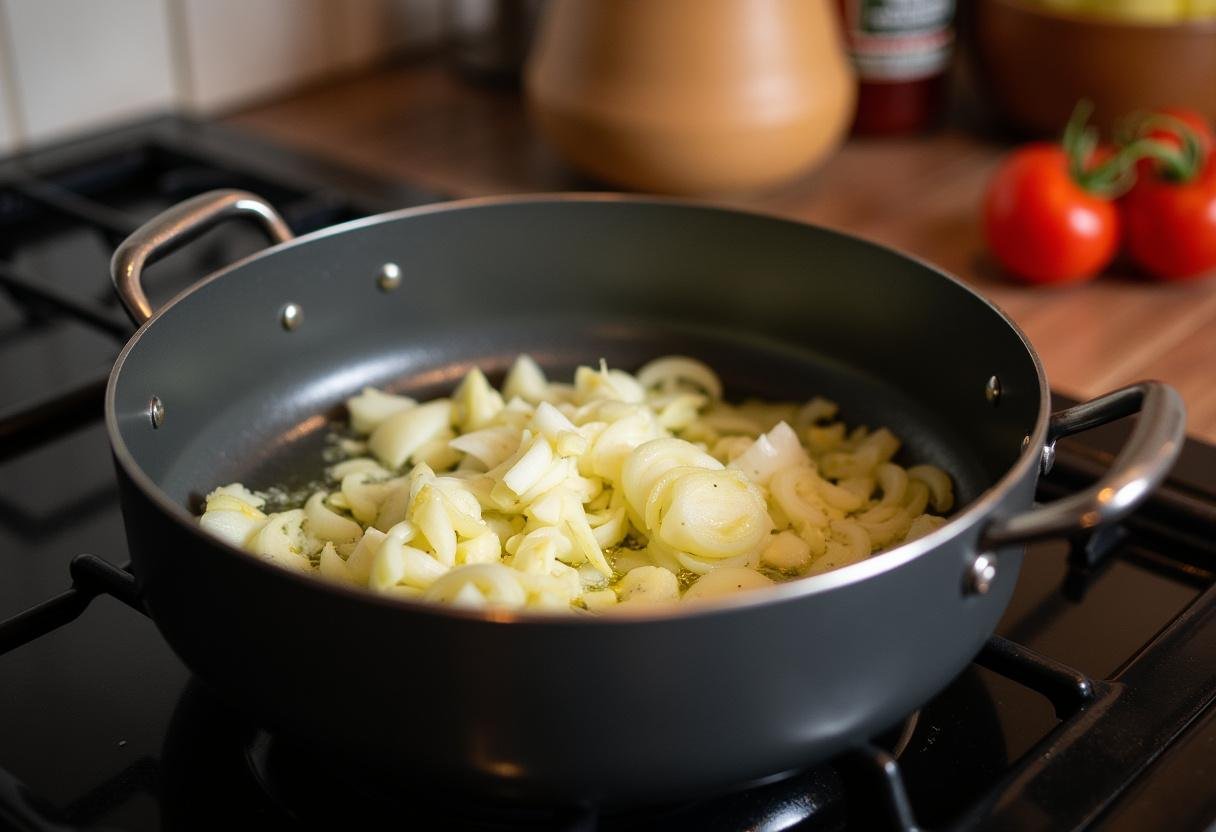 Cozinhando cebolas e alho em azeite para preparar Caldo Verde.