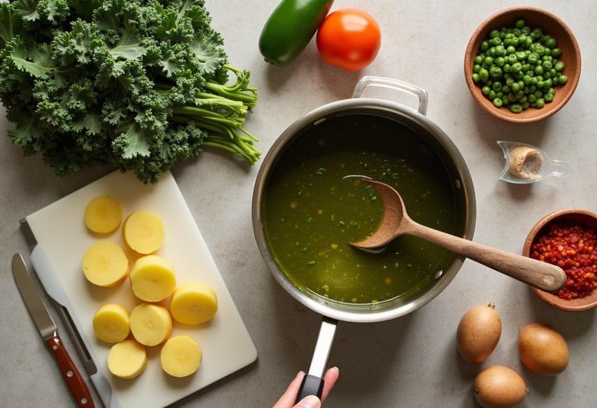 Adicionando batatas fatiadas ao caldo verde em preparo na panela.