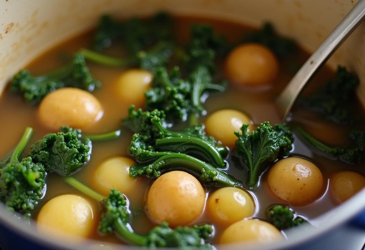 Preparando o Caldo Verde com batatas e couve cozinhando na panela.