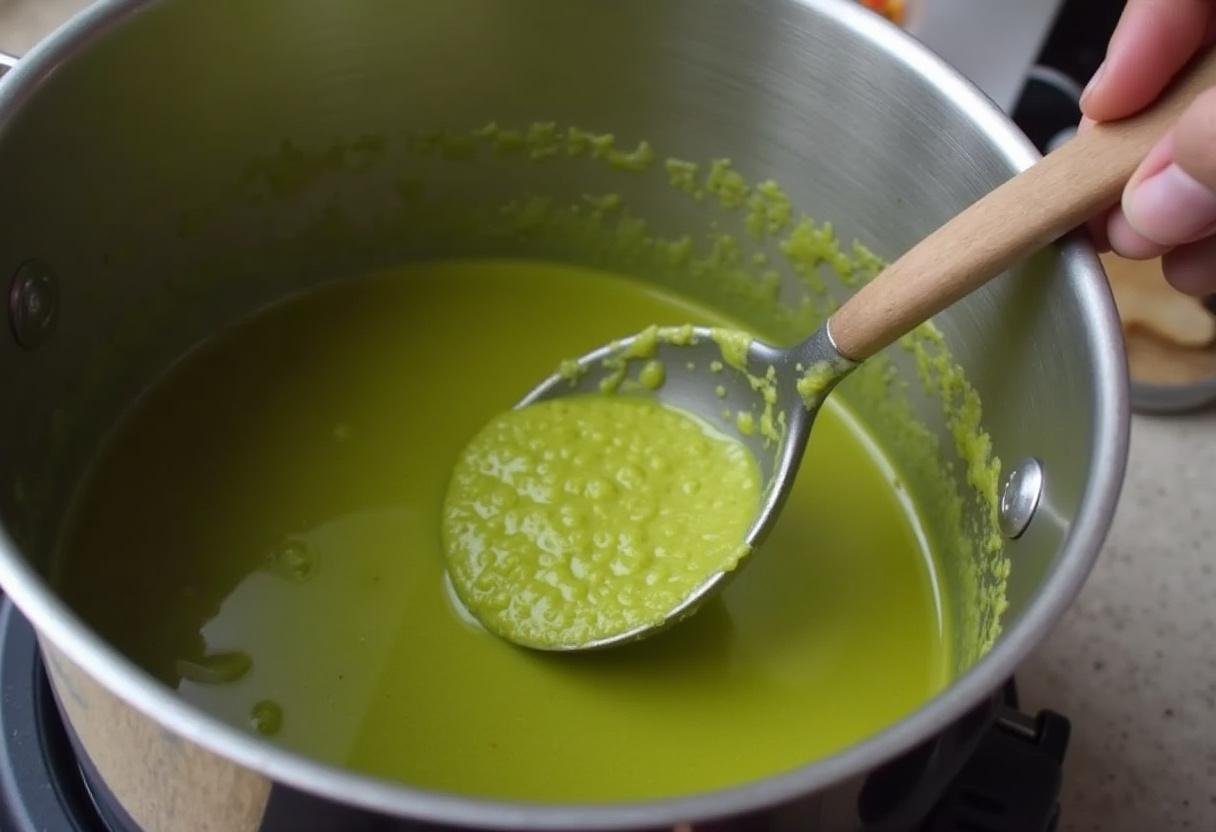 Misturando o Caldo Verde para obter uma textura cremosa e verde vibrante.