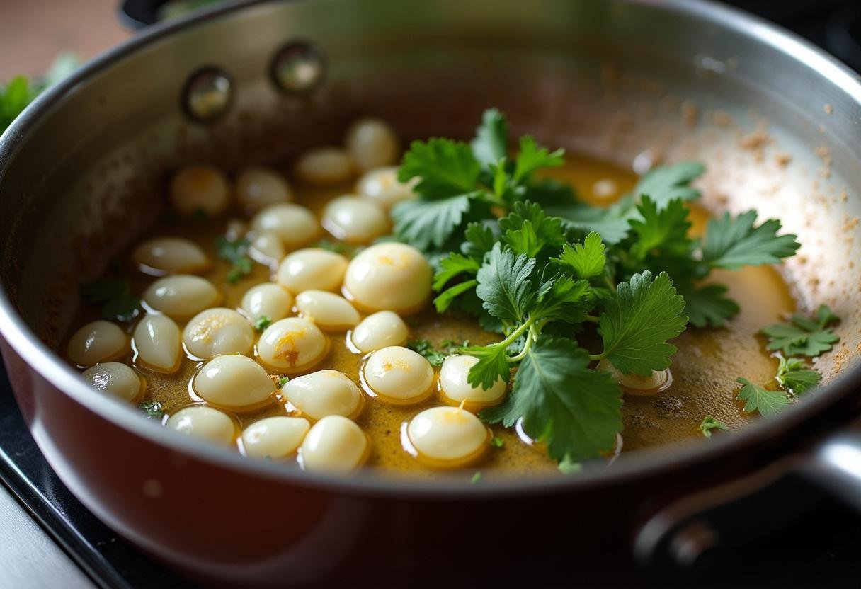 Sizzling garlic and olive oil in a pot, adding herbs for Cataplana de Marisco Aromática.