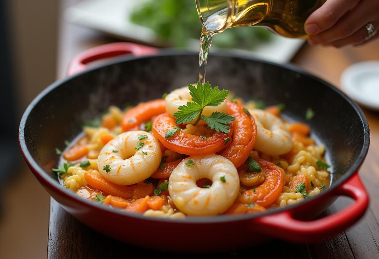 Layering fresh seafood and pouring white wine for Cataplana de Marisco Aromática preparation.