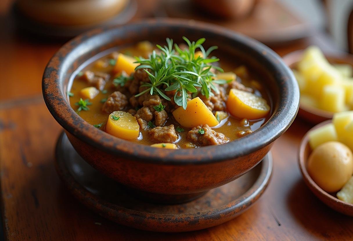 Apresentação final da Chanfana de Cabra Intensa com batatas cozidas, ideal para uma refeição farta.